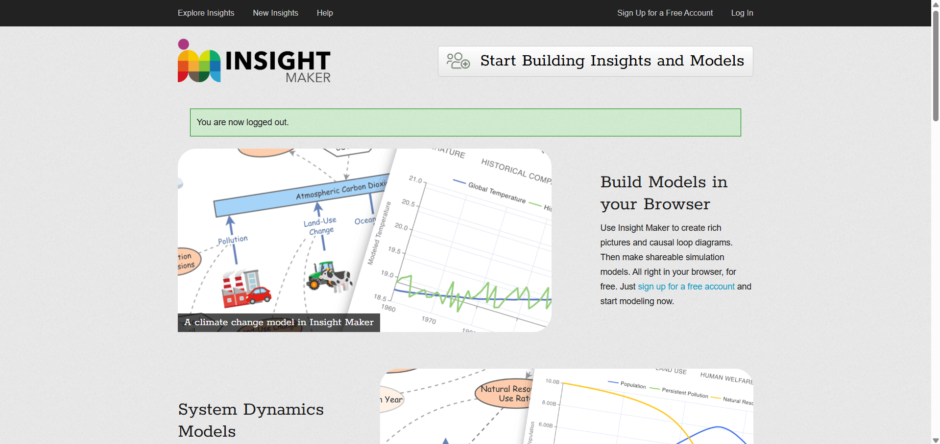 Página de inicio de insightmaker.com, con los botones Sign Up for a Free Account y Log In arriba a la derecha