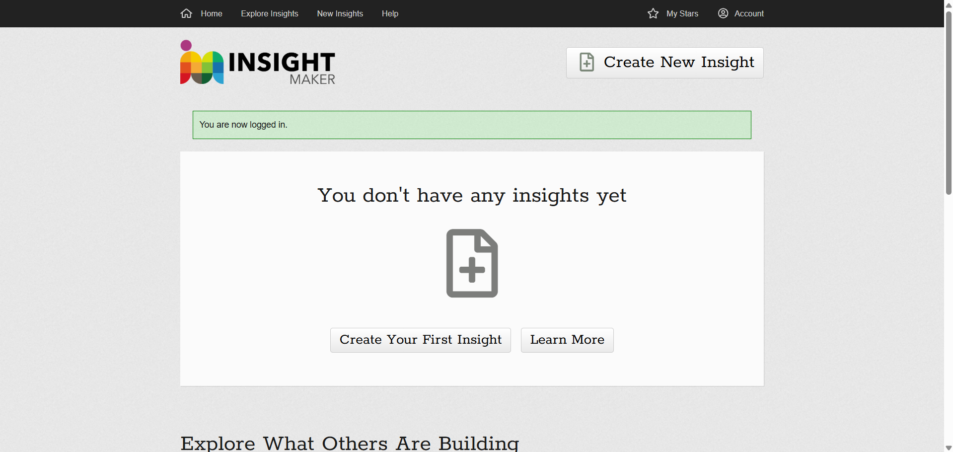 Panel de Insight Maker ya con la sesión iniciada, mostrando el mensaje 'You don't have any insights yet' y los botones Create New Insight / Create Your First Insight