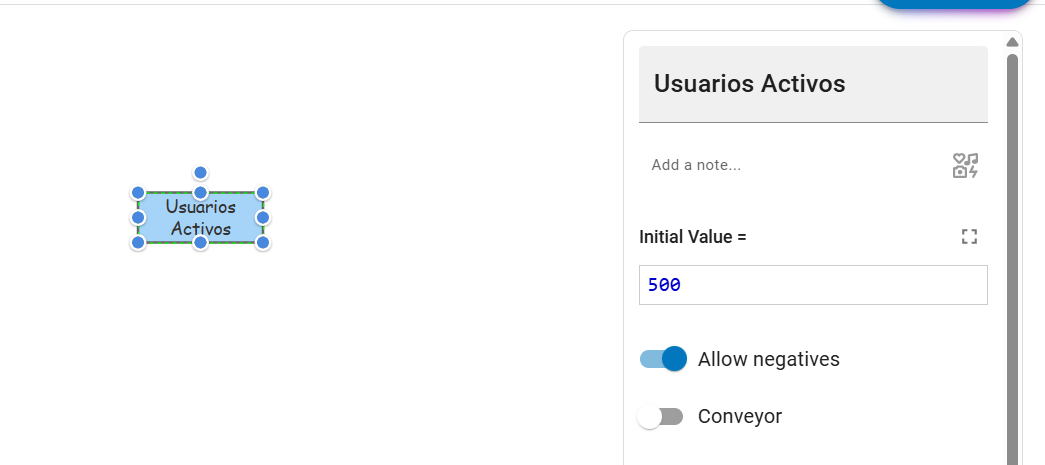 Panel de configuración del stock, ya renombrado a 'Usuarios Activos', con Initial Value = 500
