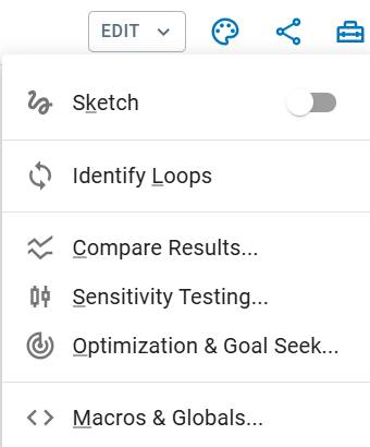 Menú desplegado del botón EDIT, con las opciones Sketch, Identify Loops, Compare Results, Sensitivity Testing, Optimization and Goal Seek, y Macros and Globals